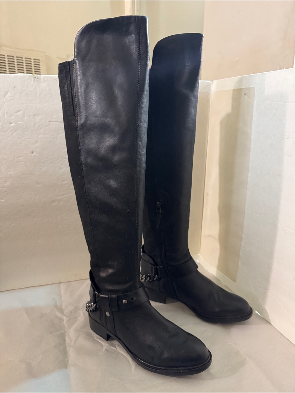 Dolce Vita Black Over-the-Knee Riding Boots with Chain Accent new with defect